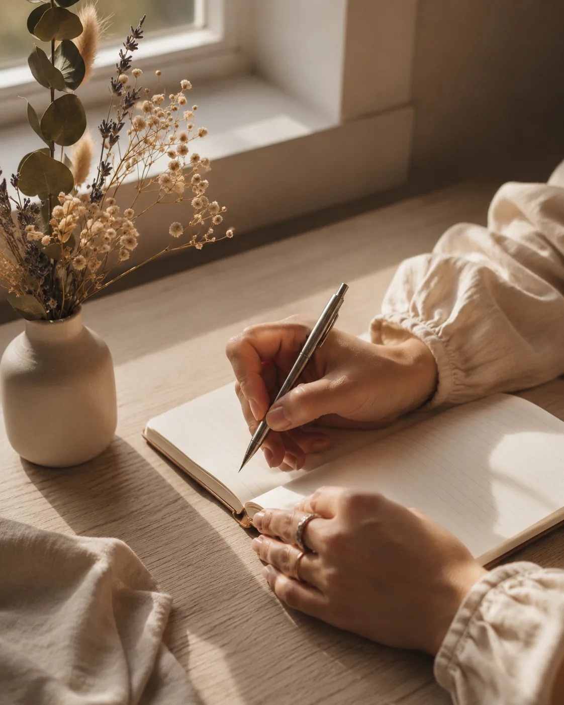 Ilustración de unas manos escribiendo en un cuaderno junto a una ventana