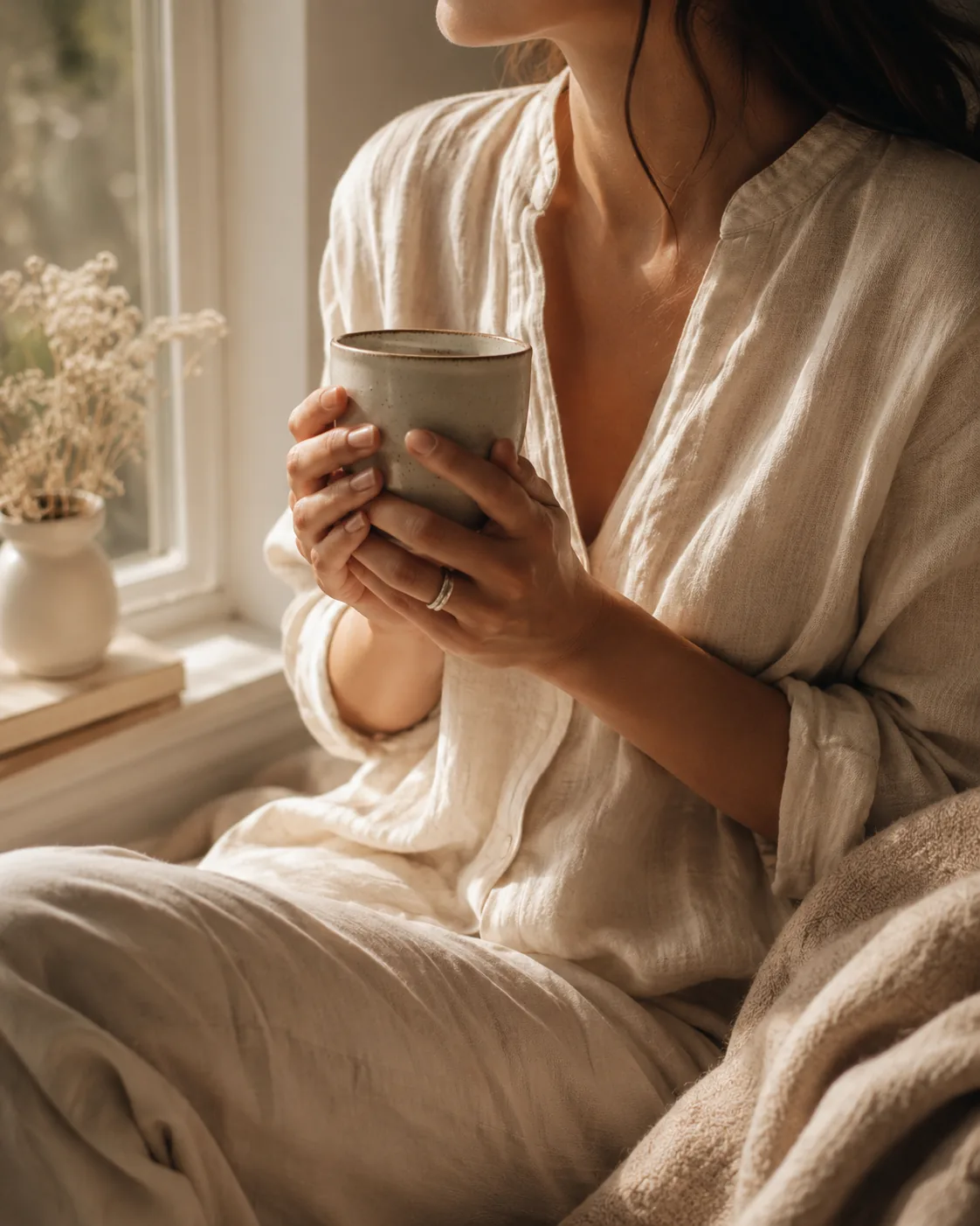 Ilustración de una mujer sosteniendo una taza junto a una ventana